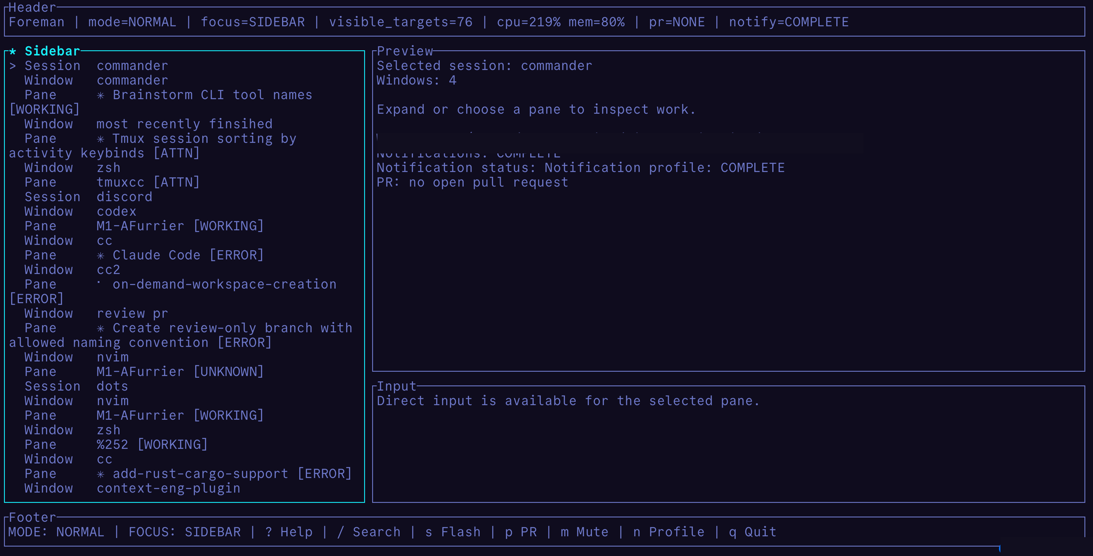 A tmux-based agent control plane showing sessions, panes, status labels, preview panels, and direct input