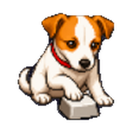 A small sprite of my dog typing at a keyboard while the coding agent is working